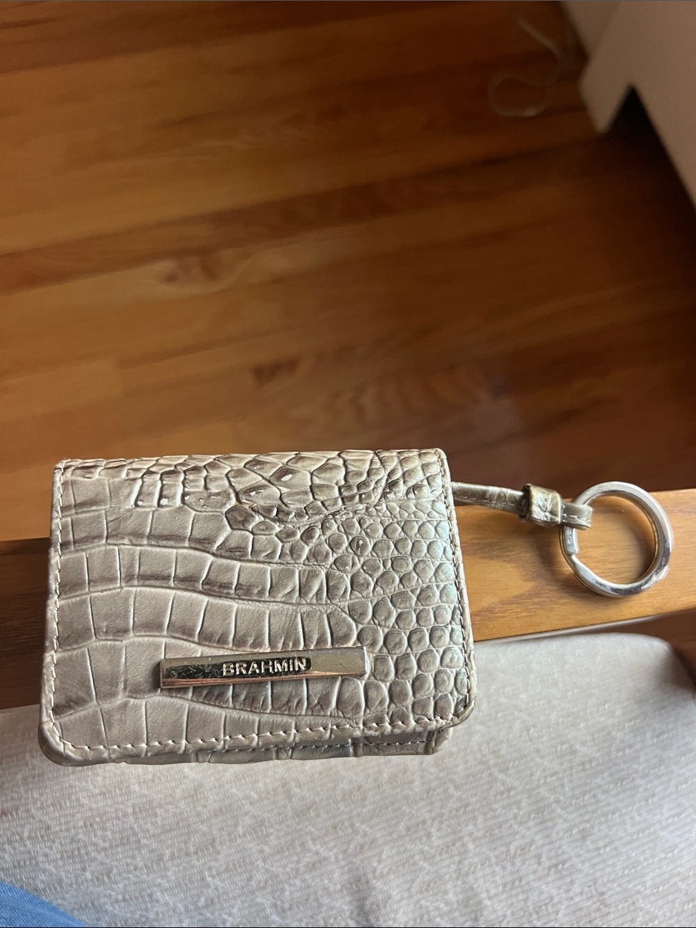 Brahmin Metallic Silver Pebble-Embossed Key Wallet with Keyring